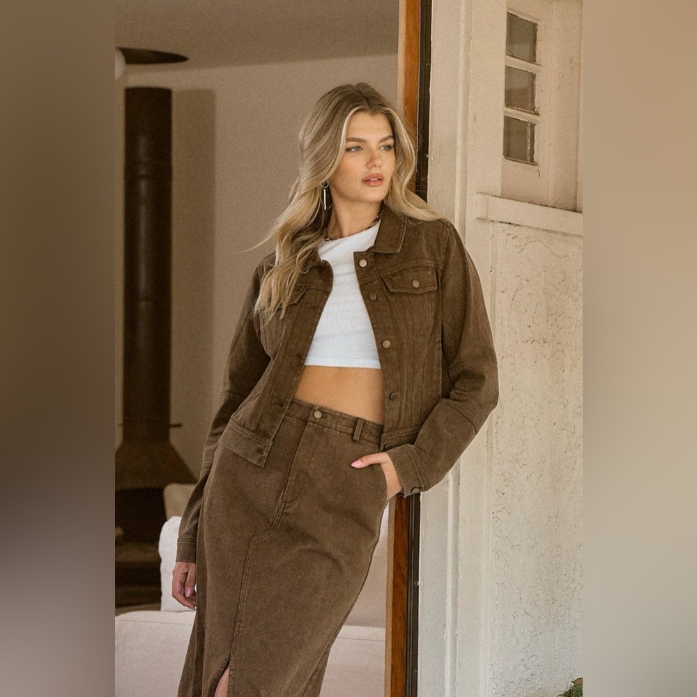 NWT Iris Brown Twill Midi Skirt Set|Cropped Jacket+Front Slit Skirt|100% Cotton - Picture 4 of 10